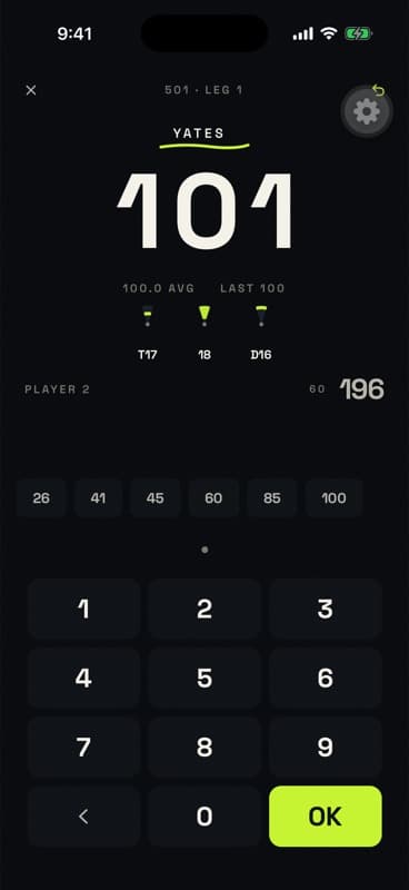 Chalkie 501 scoring screen suggesting a checkout route with big chalk numerals